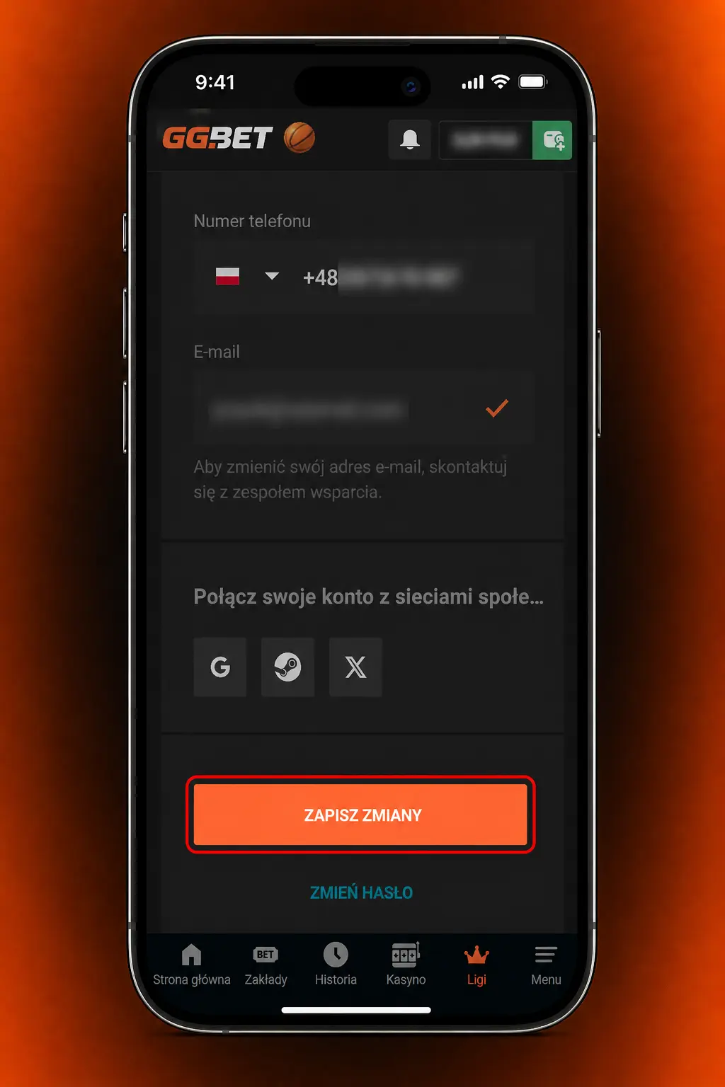 Zrzut ekranu aplikacji mobilnej GGbet z zakładami na hokej na lodzie, kursami NHL, KHL i panelem Live