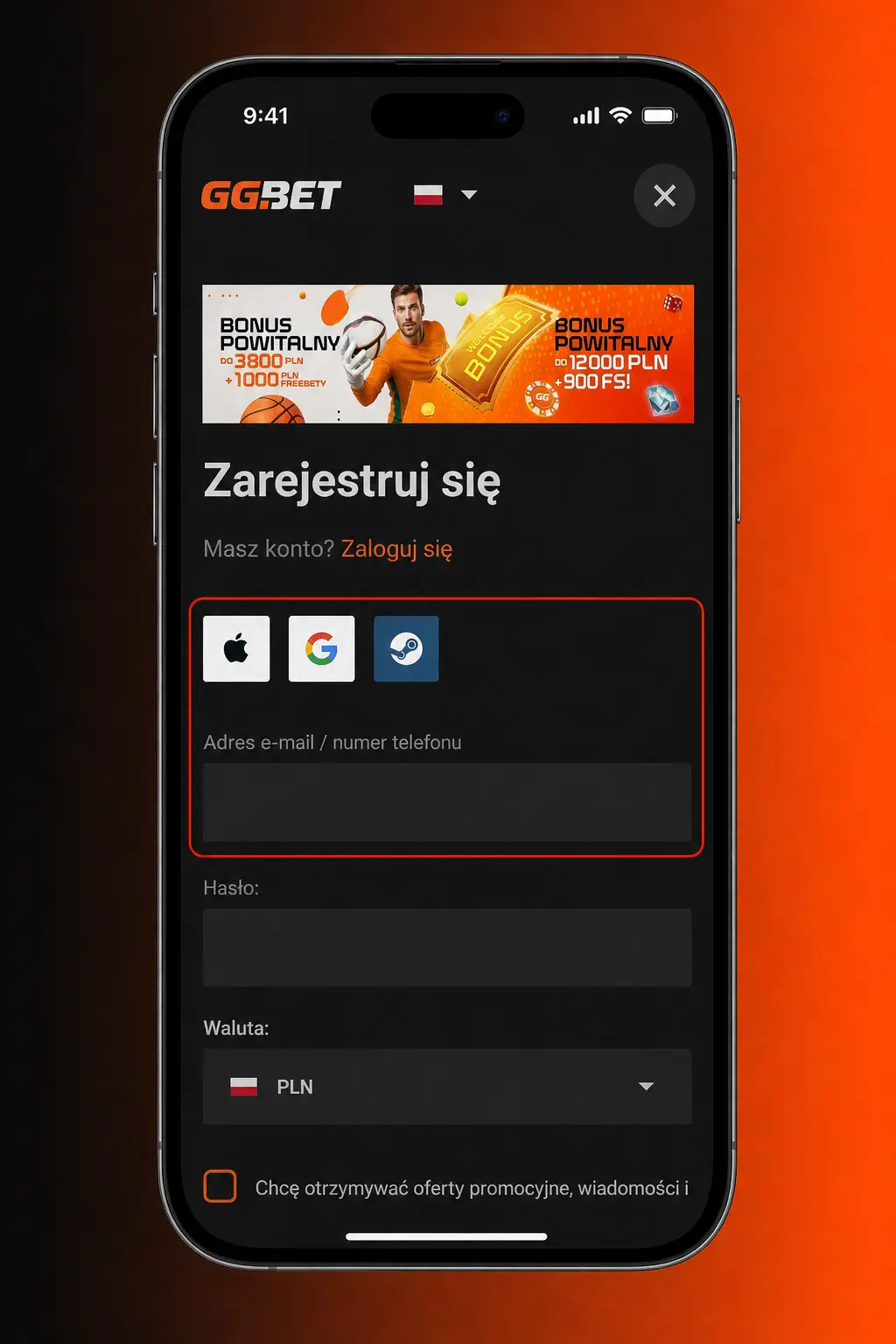 Formularz rejestracji konta na GGbet z polami do wpisania danych osobowych i utworzenia hasła