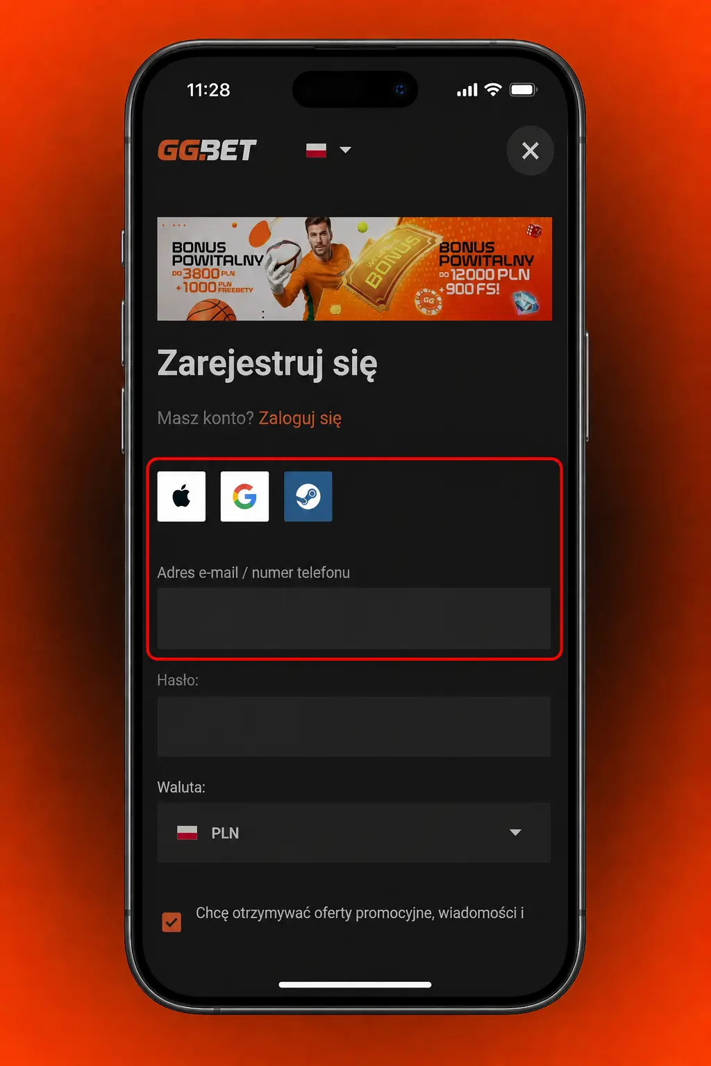 Rejestracja przez aplikację GGbet – formularz z danymi, walutą PLN i potwierdzeniem pełnoletności