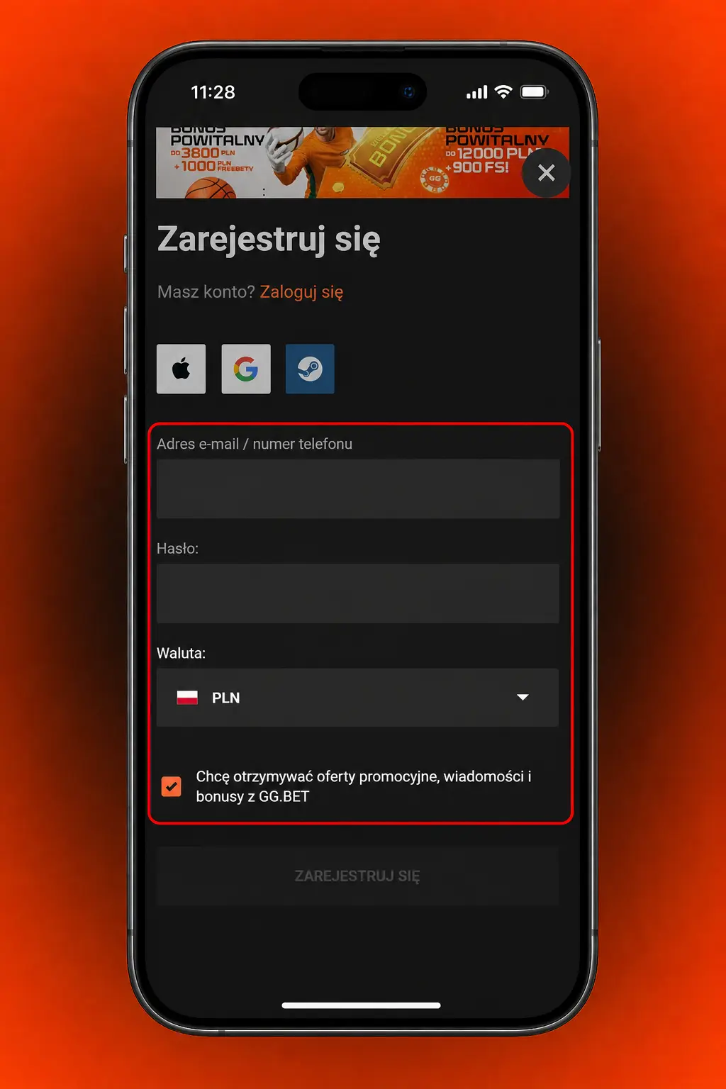 Rejestracja w aplikacji mobilnej GGbet – formularz z danymi, walutą i potwierdzeniem wieku 18+
