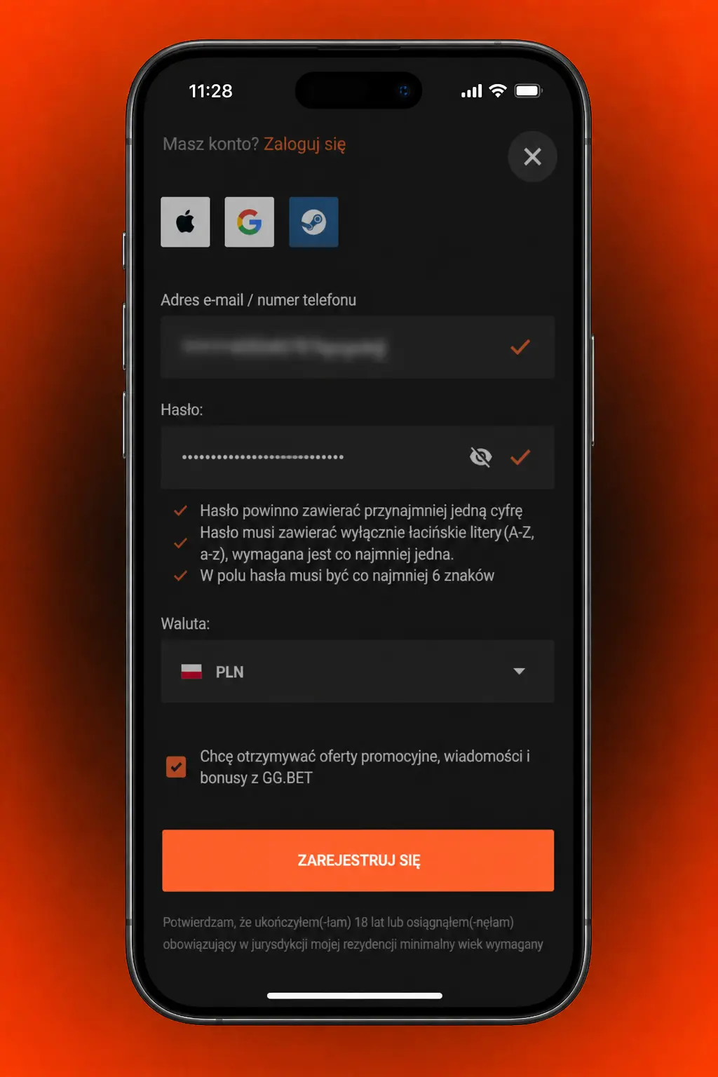 Rejestracja w aplikacji mobilnej GGbet – formularz z danymi i potwierdzeniem wieku 18+