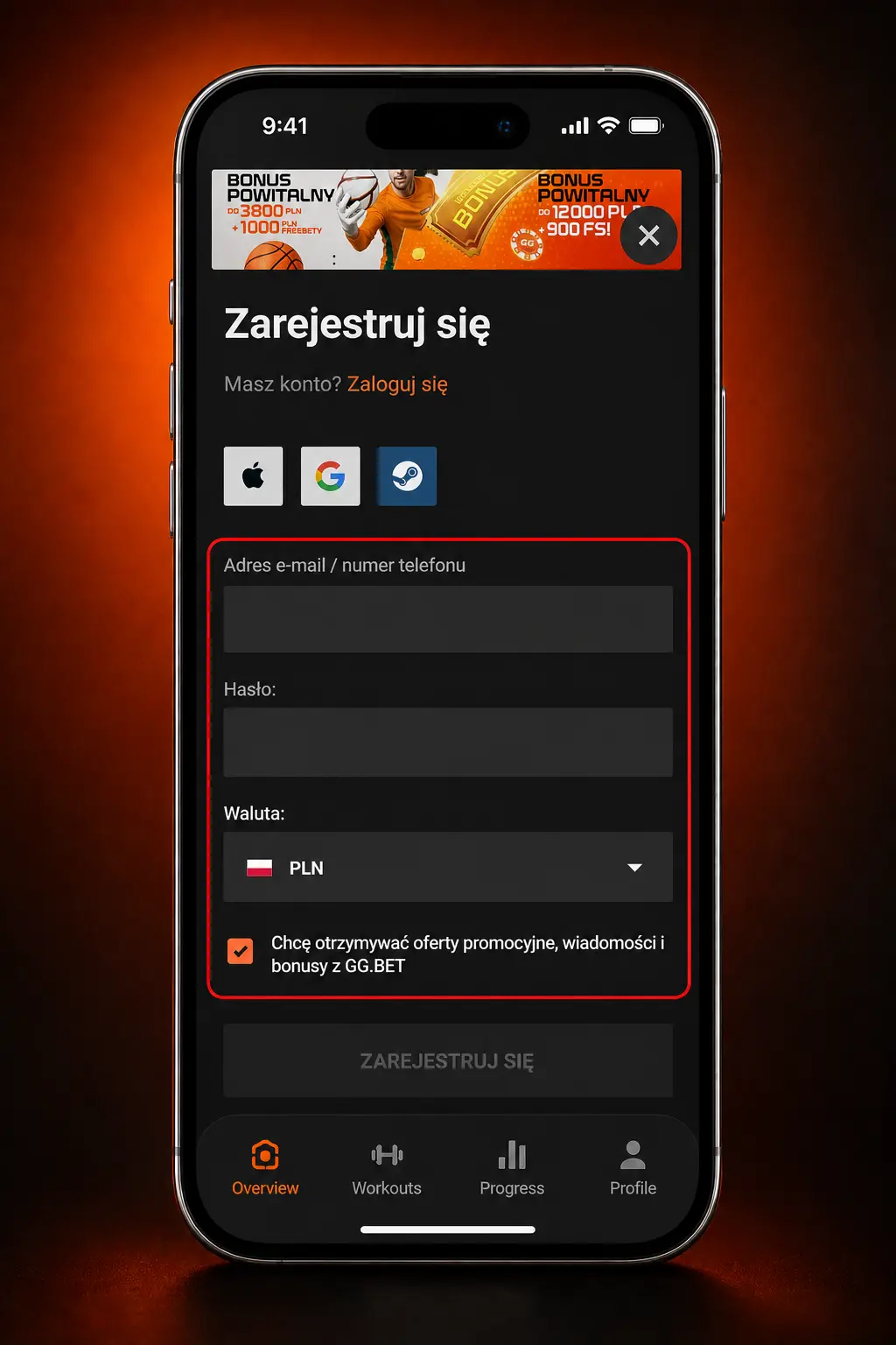 Rejestracja w aplikacji mobilnej GGbet z opcją logowania odciskiem palca lub Face ID