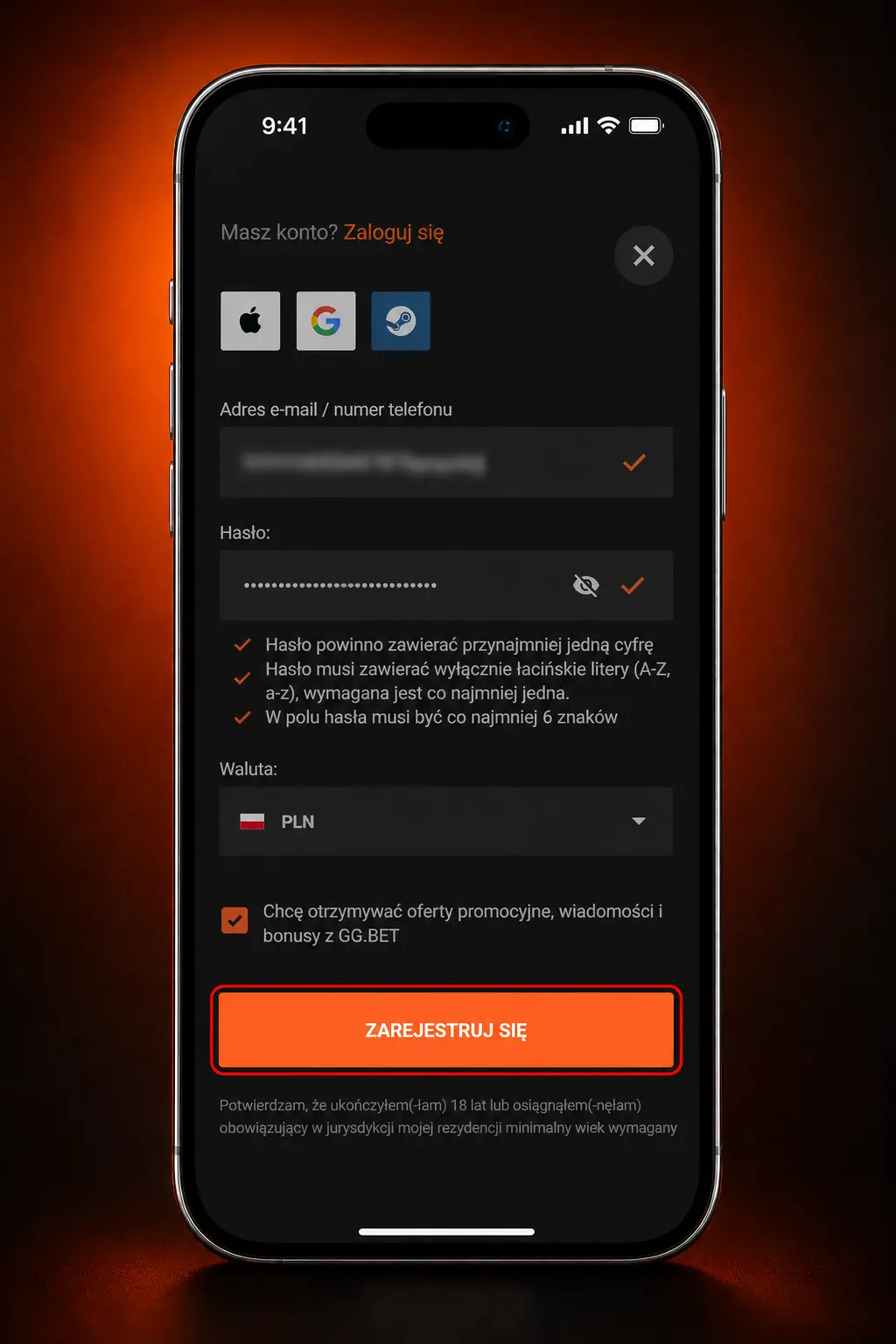 Rejestracja w aplikacji mobilnej GGbet z logowaniem odciskiem palca lub Face ID