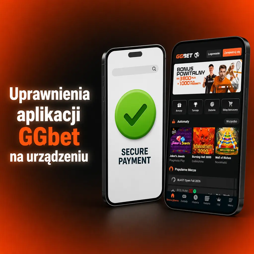 Lista uprawnień aplikacji GGbet na smartfonie: pamięć, powiadomienia, kamera, GPS i biometria.